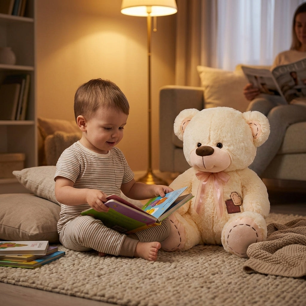 Plišani meda krem 60 cm u kutku za čitanje pored deteta pod toplom lampom