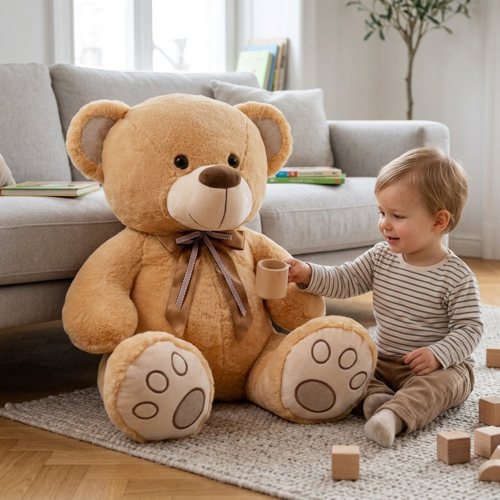 Plišani meda braon 60 cm sedi na tepihu tokom igre