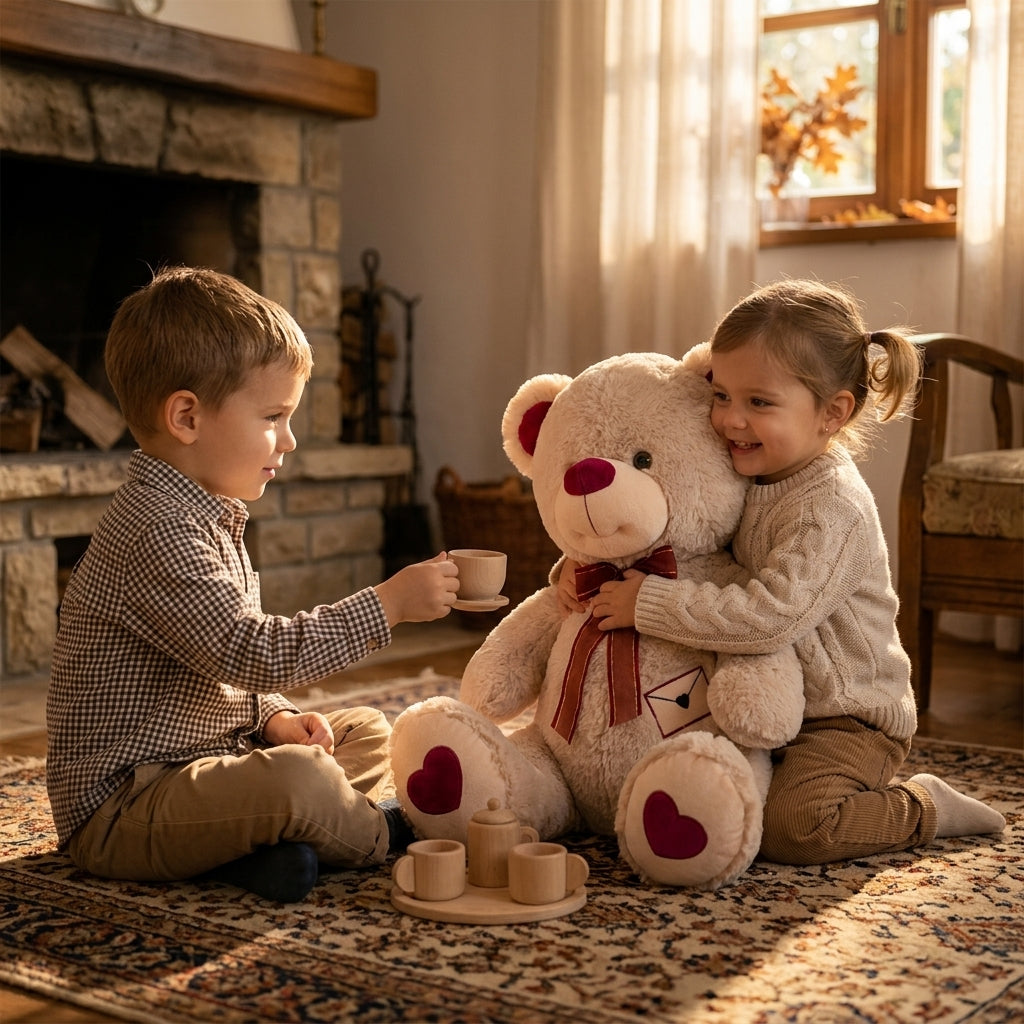 Plišani meda krem 60 cm sa šalom u zagrljaju devojčice na tepihu u seoskoj kući