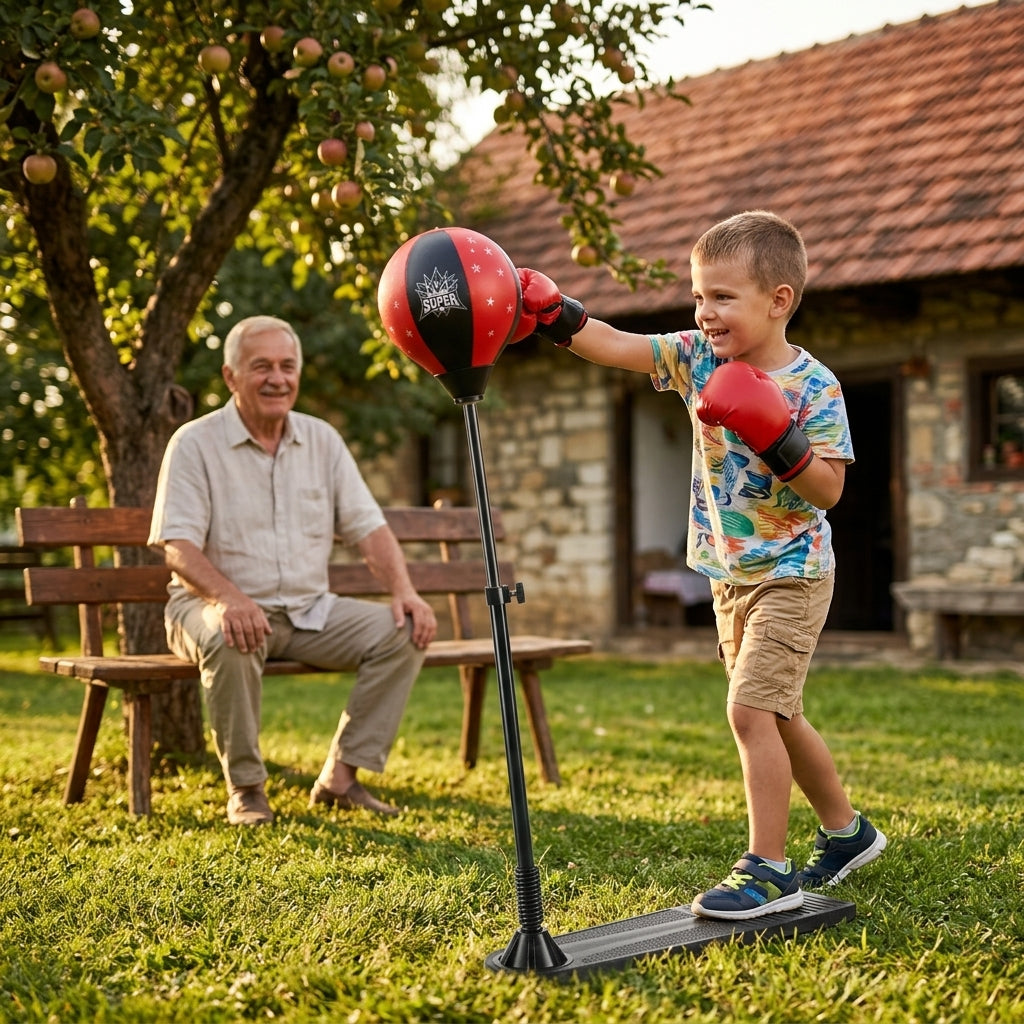Dečji boks stalak u dvorištu seoske kuće tokom letnjeg popodneva