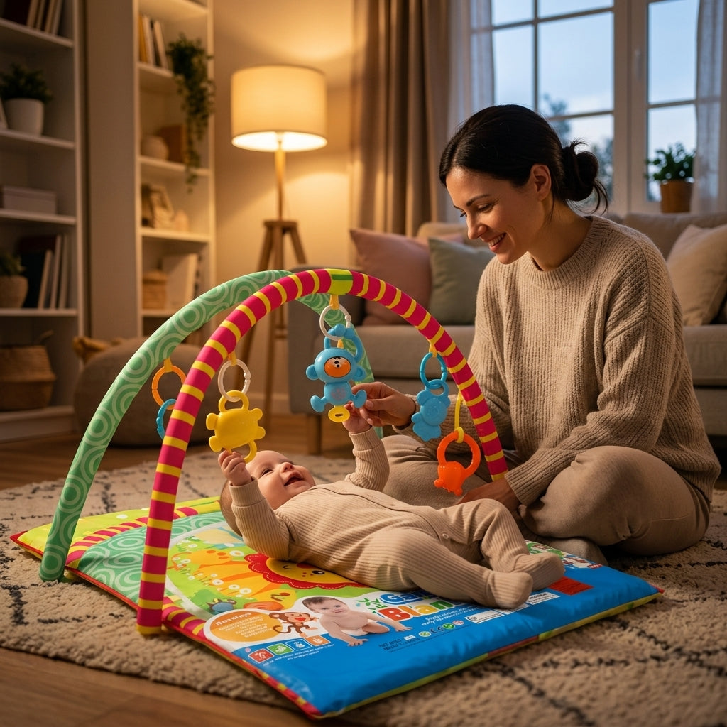 Bebi podloga pod mekim večernjim svetlom dok se mama i beba igraju na podu
