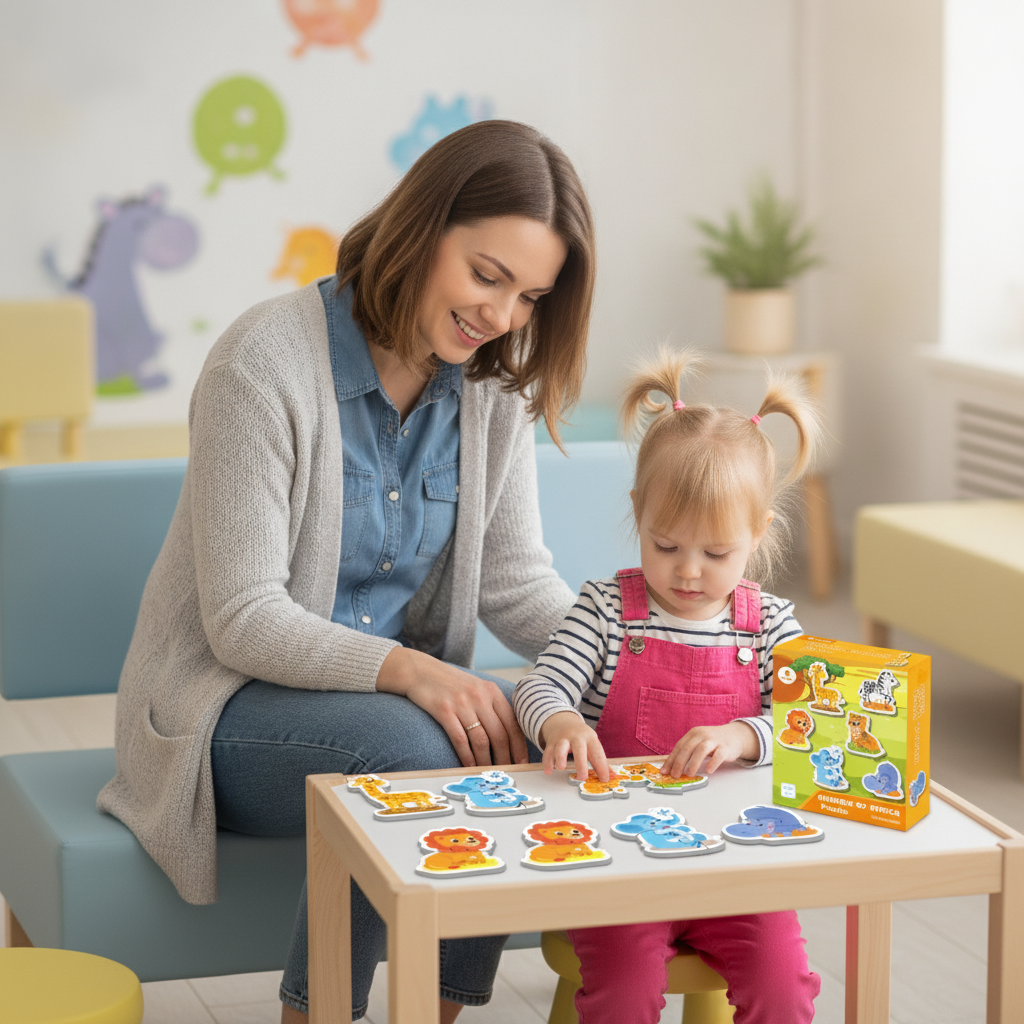 Puzle životinje na dečijem stolu u čekaonici pedijatra dok se dete i mama mirno igraju