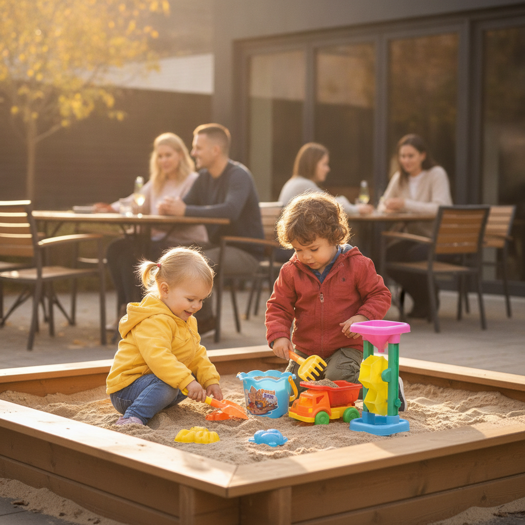 Kantica i vodenica za plažu u peskarniku u bašti restorana dok se deca igraju
