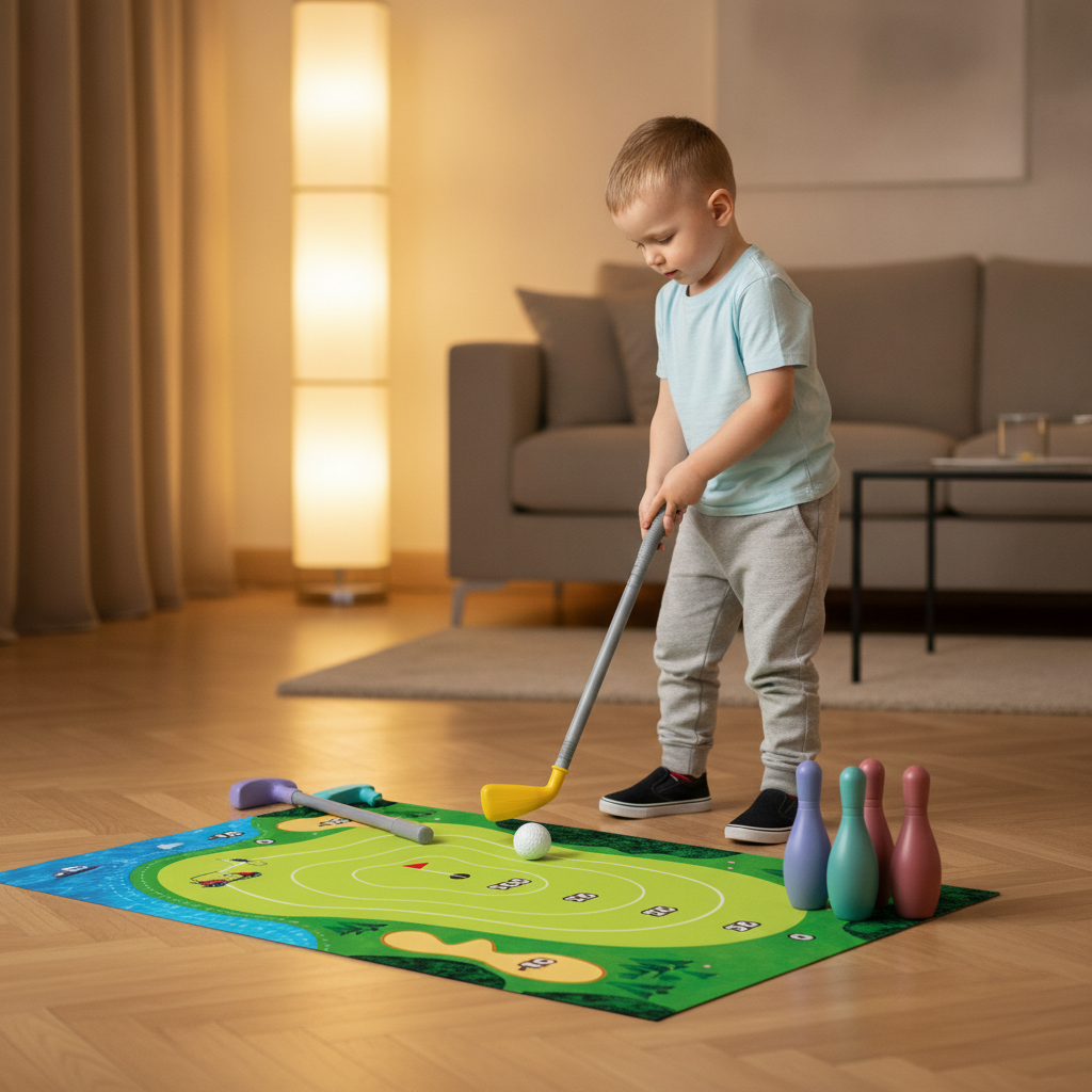 Golf set veliki za decu u dnevnoj sobi tokom večernje igre na parketu