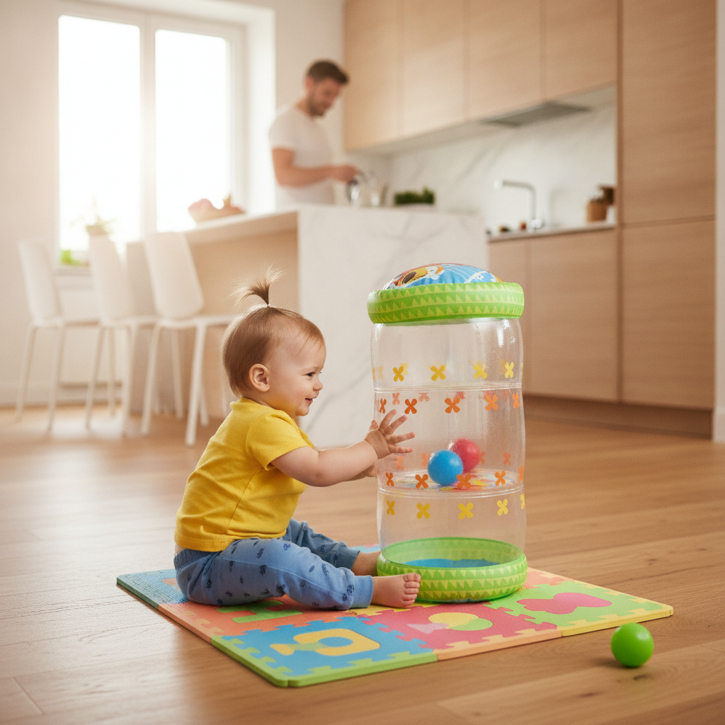 Valjak za puzanje na naduvavanje uspravljen na podu kuhinje pored nasmejane bebe