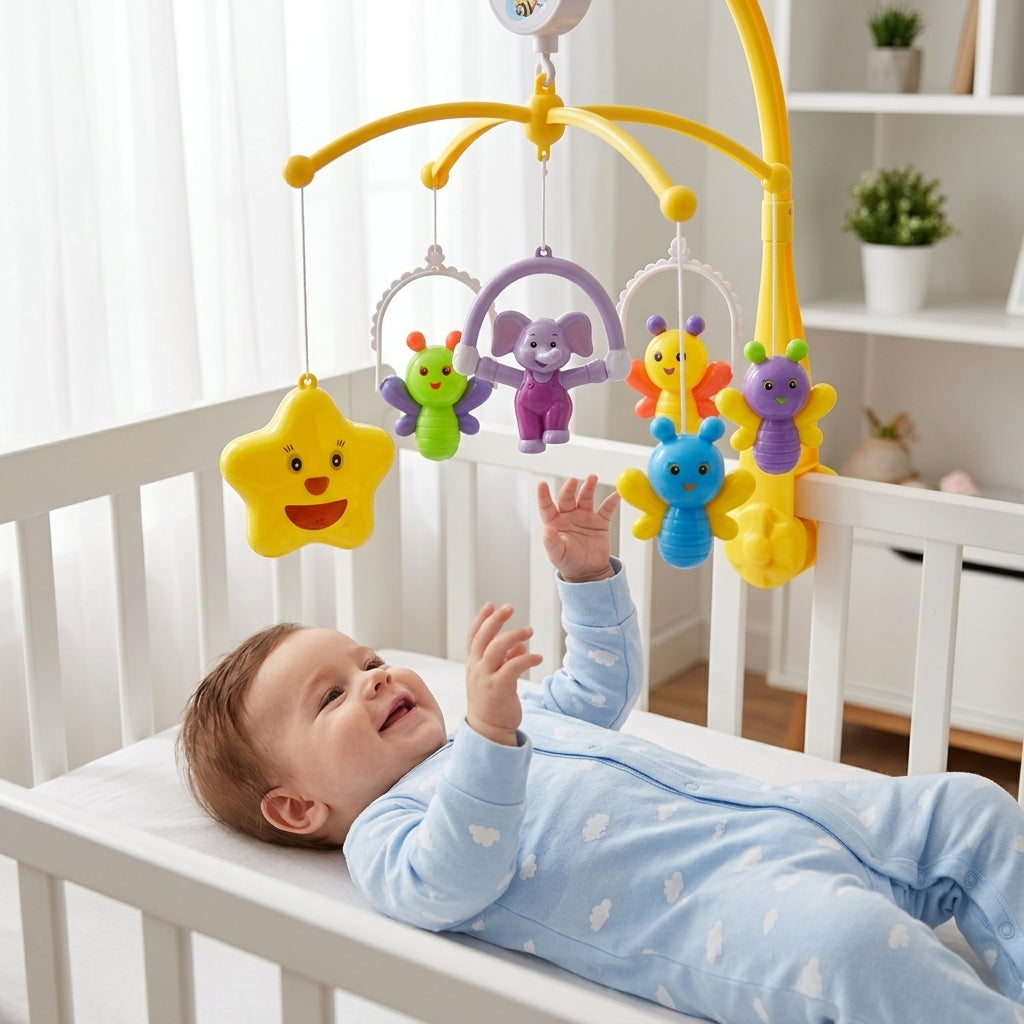 Vrteška za krevetac sa muzikom montirana iznad nasmejane bebe u krevecu
