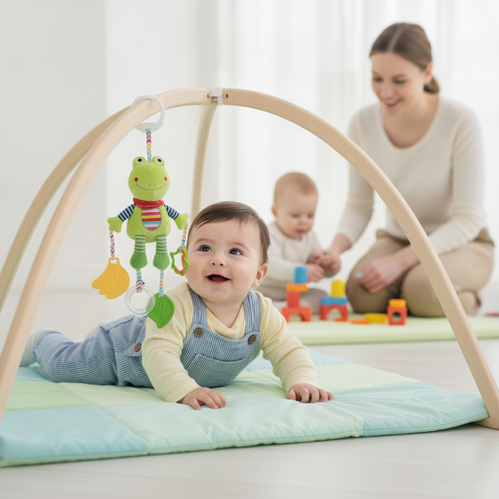 Zvečka za kolica žaba okačena o bebi gimnastiku u igraonici