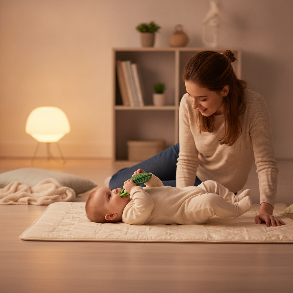 Zvečka za kolica slon u rukama bebe na podlozi za igru u toplo osvetljenoj sobi