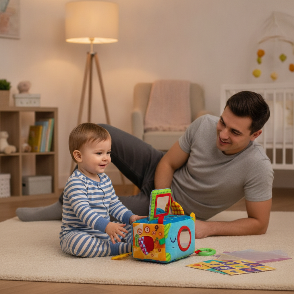 Interaktivna kocka na dečijem tepihu u udobnoj sobi pod toplim svetlom