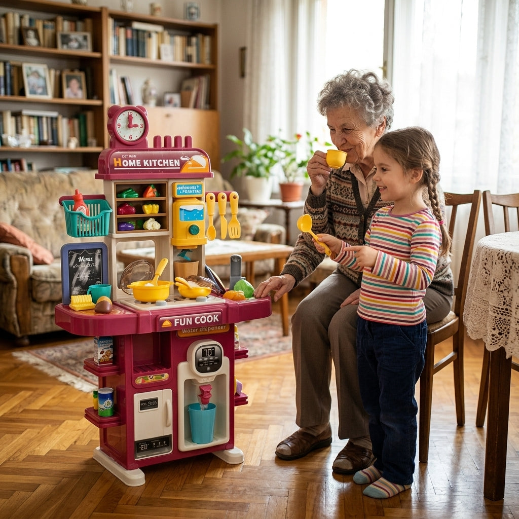 Dečja kuhinja sa parom pink u dnevnoj sobi kod bake i deke