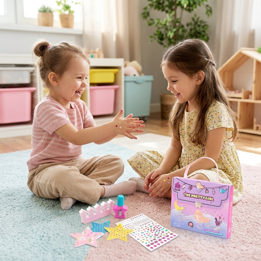 Dečji set za nokte 10 cm - drugarice dele set i ukrašavaju nokte na tepihu u sobi
