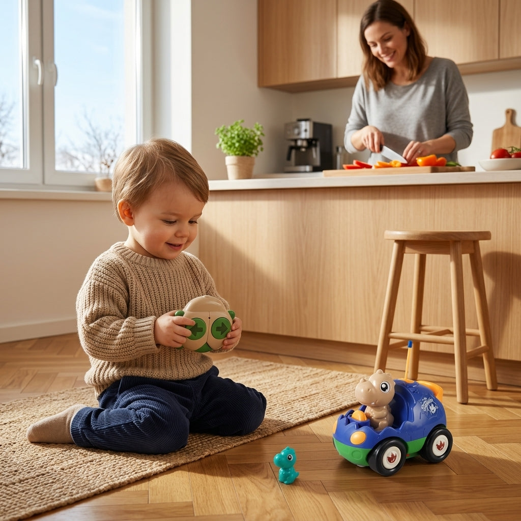 Dino auto na daljinski na podu kuhinje dok se dete igra pored roditelja
