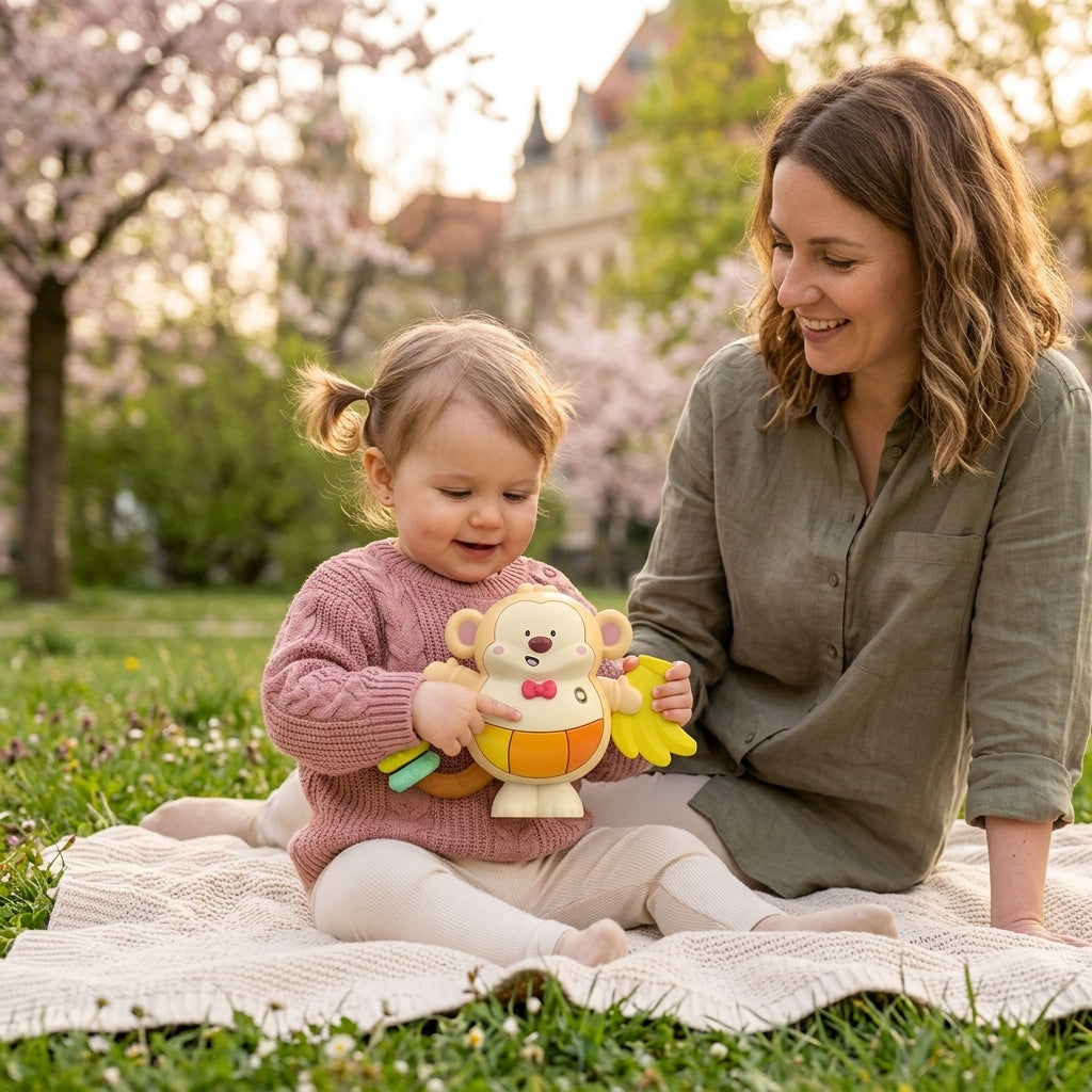 Muzičko majmunče u rukama bebe na piknik ćebetu u prolećnom parku