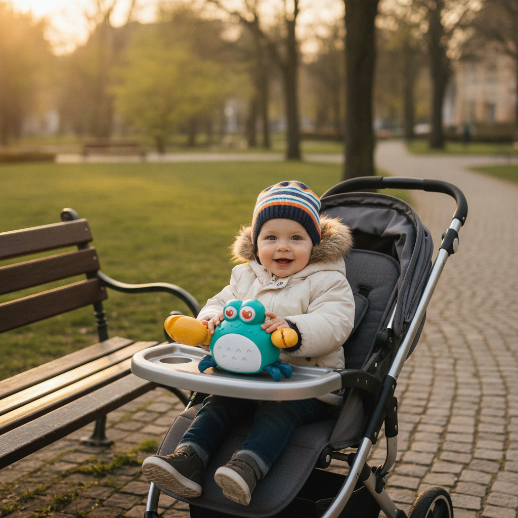 Muzički rak za bebe na tacni dečijih kolica tokom popodnevne šetnje parkom
