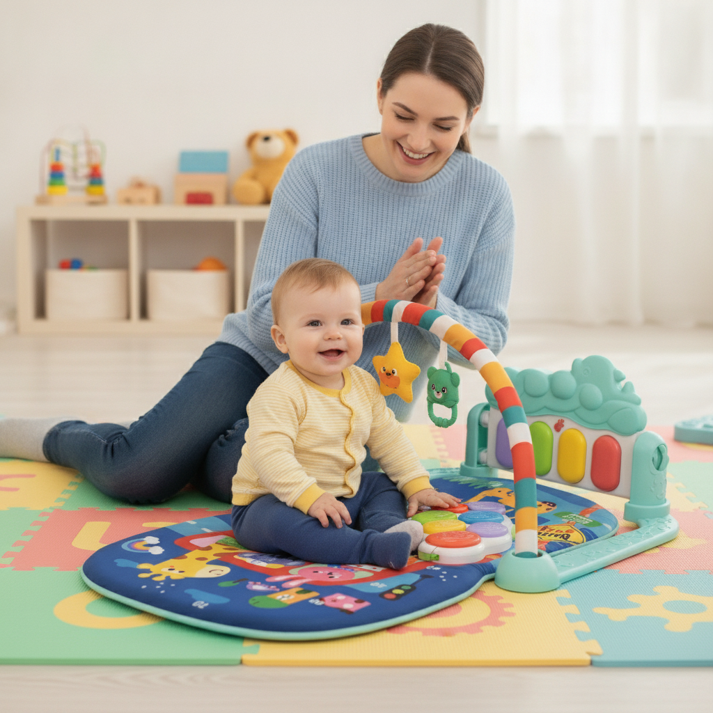 Piano podloga teget u jaslicama dok beba sedi i svira tastere