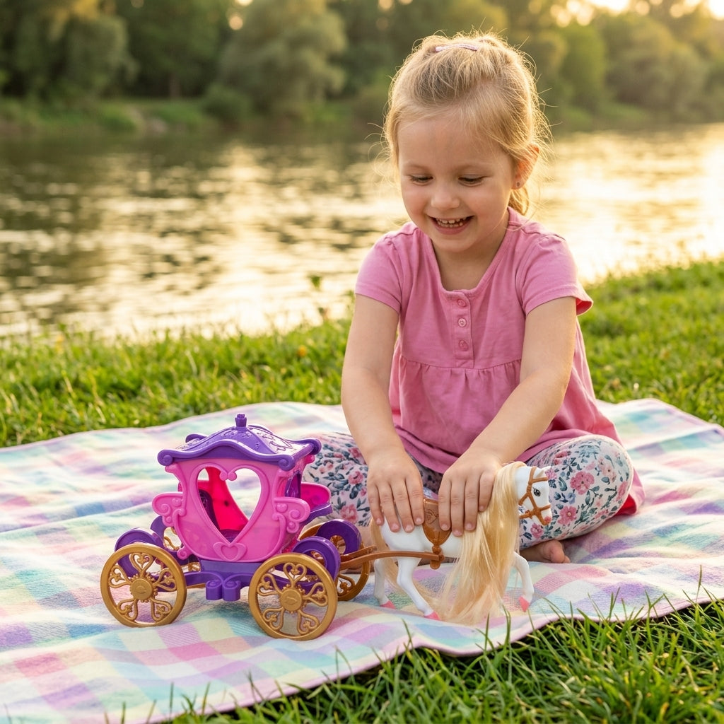 Kočija za lutke na piknik prostirci pored reke dok se devojčica igra