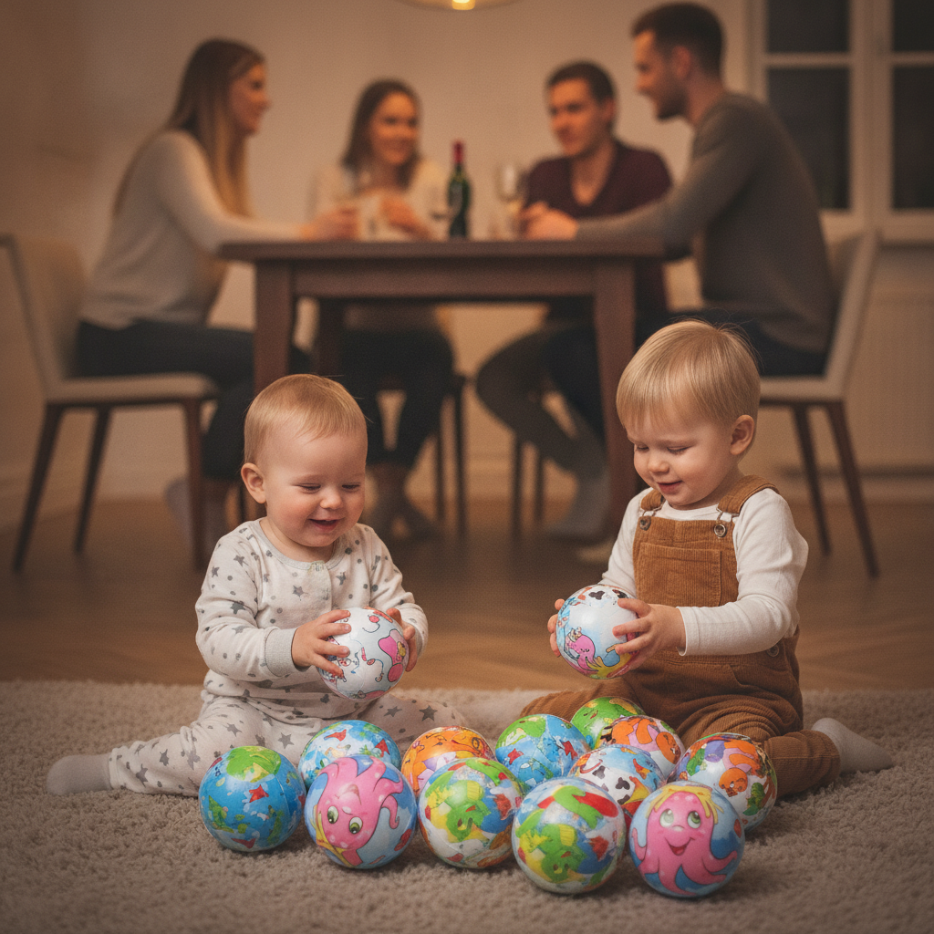 Mekane loptice set za decu tokom igre mališana u dnevnoj sobi