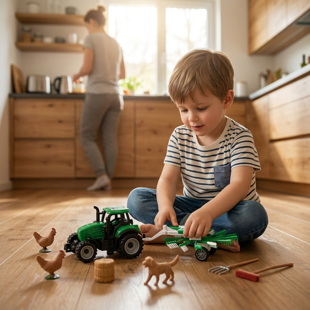 Igračka traktor set na podu kuhinje dok se dečak igra