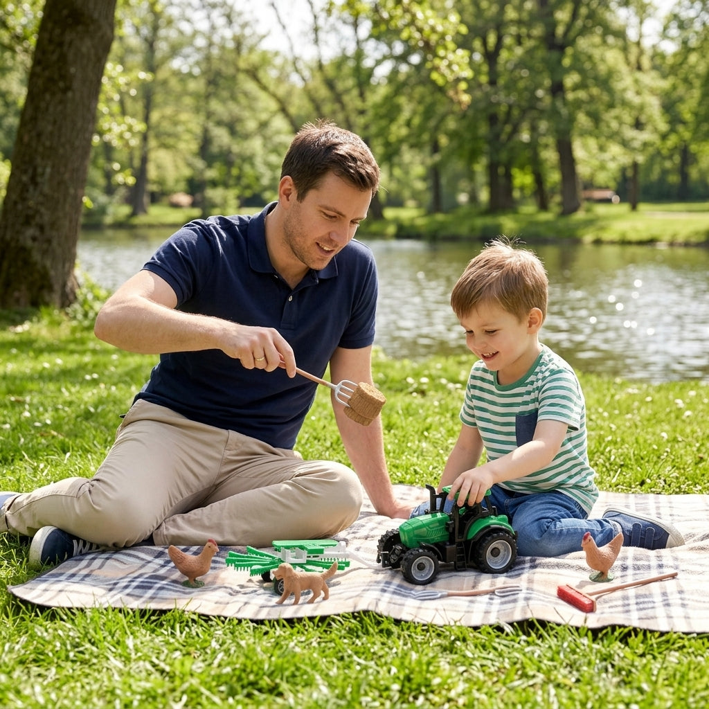 Igračka traktor set na piknik prostirci pored jezera gde se otac i dete igraju