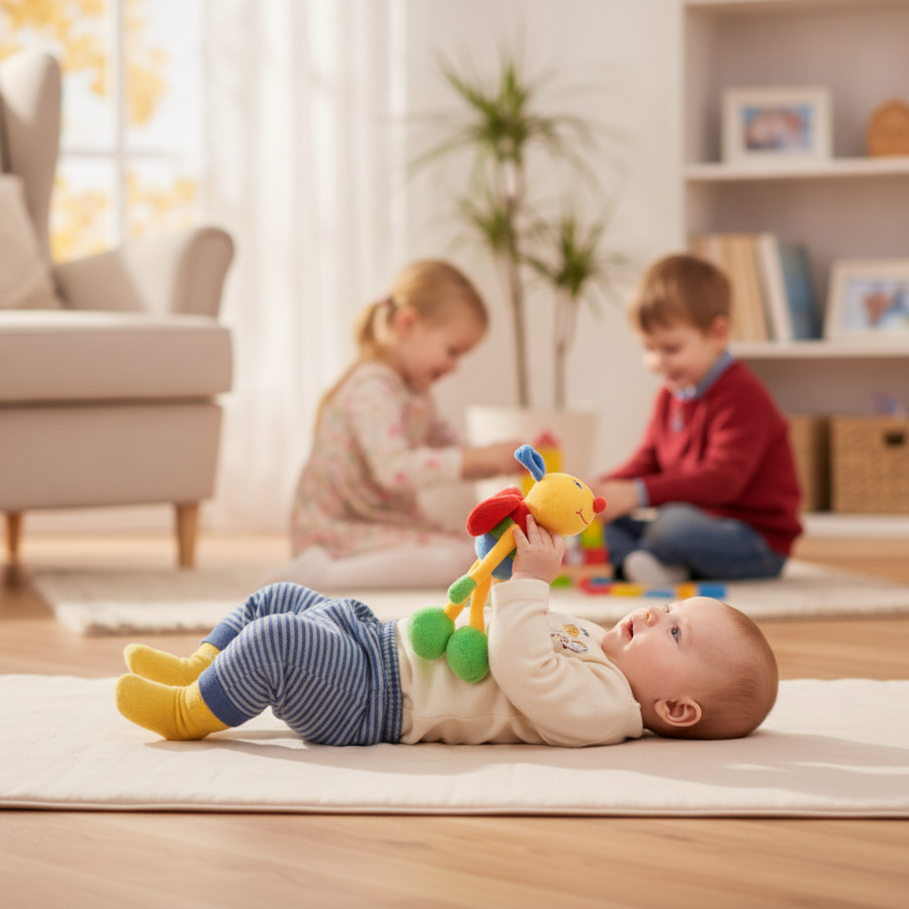 Zvečka za kolica plišana sa zvukom u rukama bebe na podnoj prostirci kod bake
