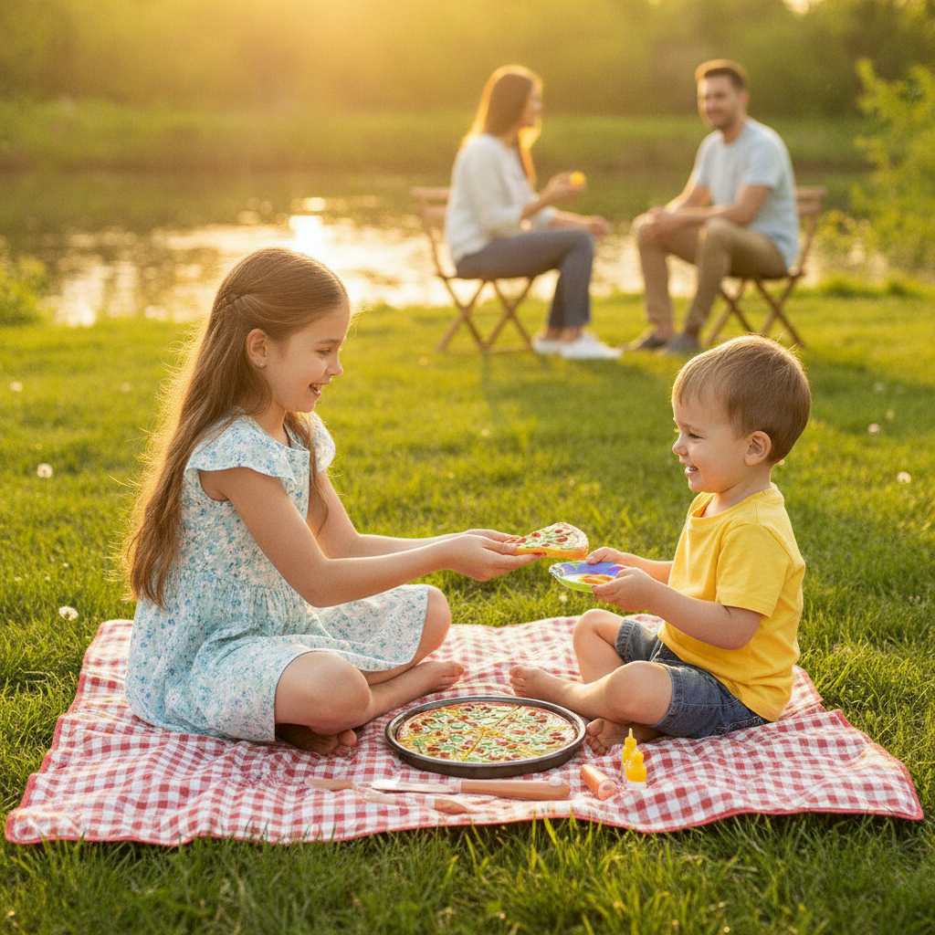 Igračka pica set na kariranom ćebetu tokom piknika u prirodi