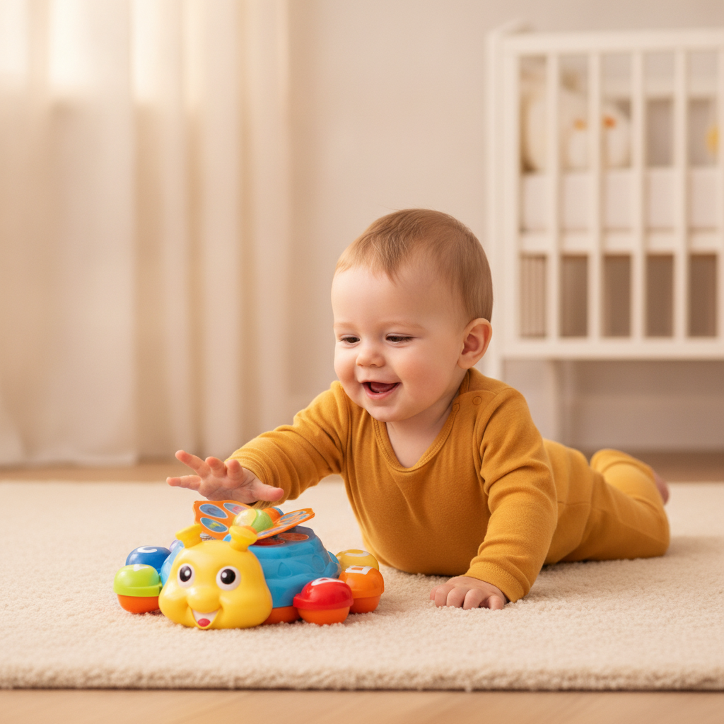 Muzička bubamara ispred bebe koja vežba ležanje na stomaku