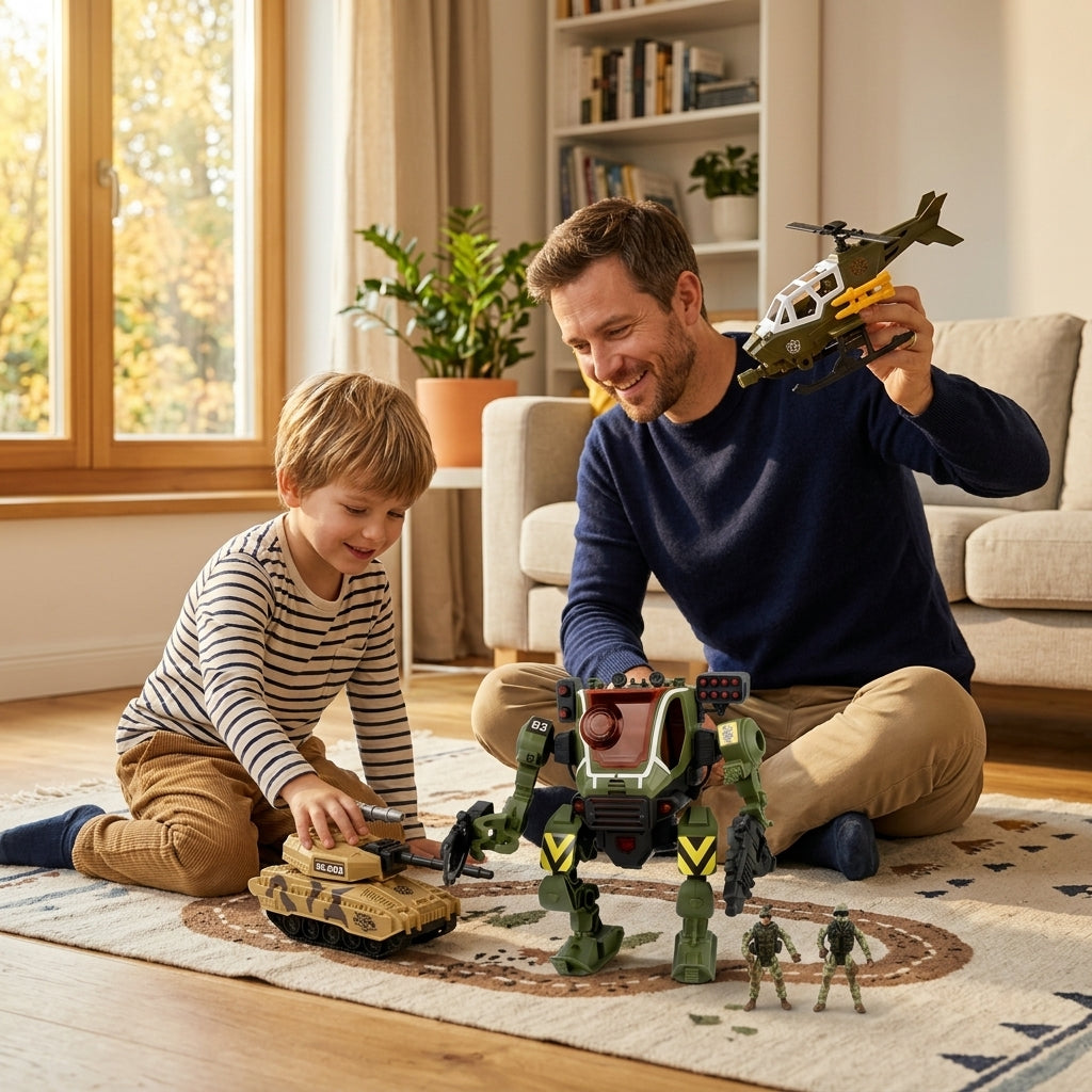 Vojni set tenk i robot sa figurama – dečak i tata se igraju vojnim robotom i tenkom na tepihu u dnevnoj sobi.