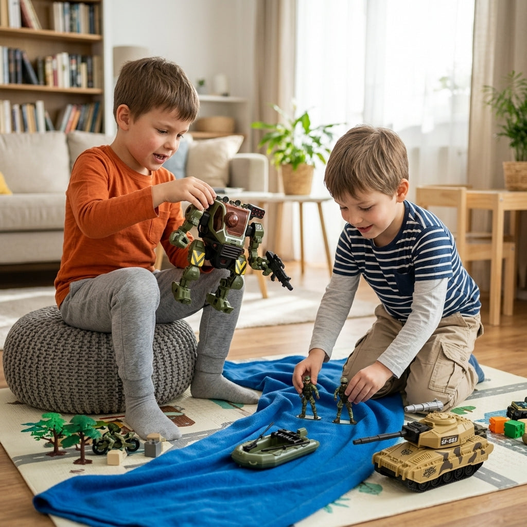 Vojni set tenk i robot sa figurama – dva dečaka se igraju borbenim robotom i figurama vojnika kod druga.