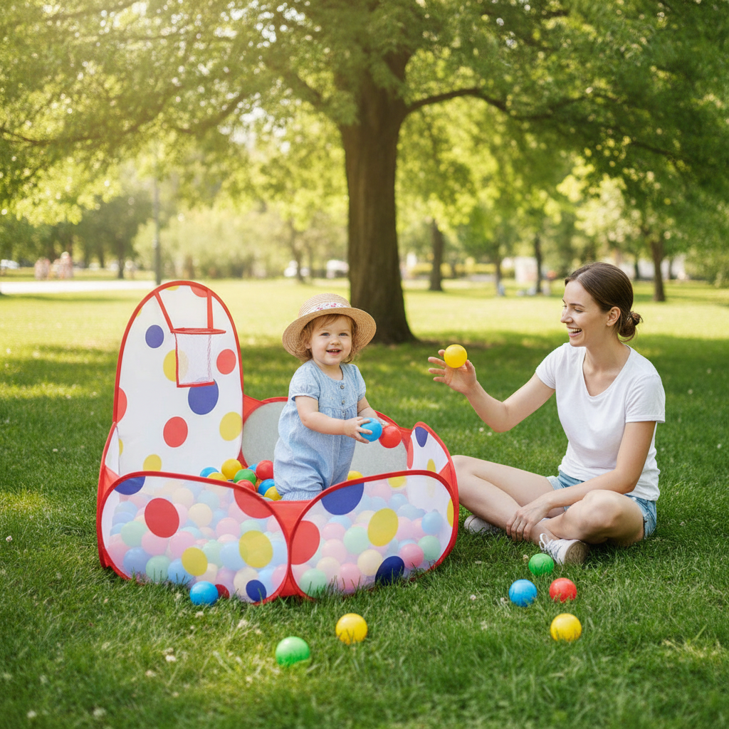 Bazen sa lopticama 90 cm u gradskom parku sa devojčicom i mamom