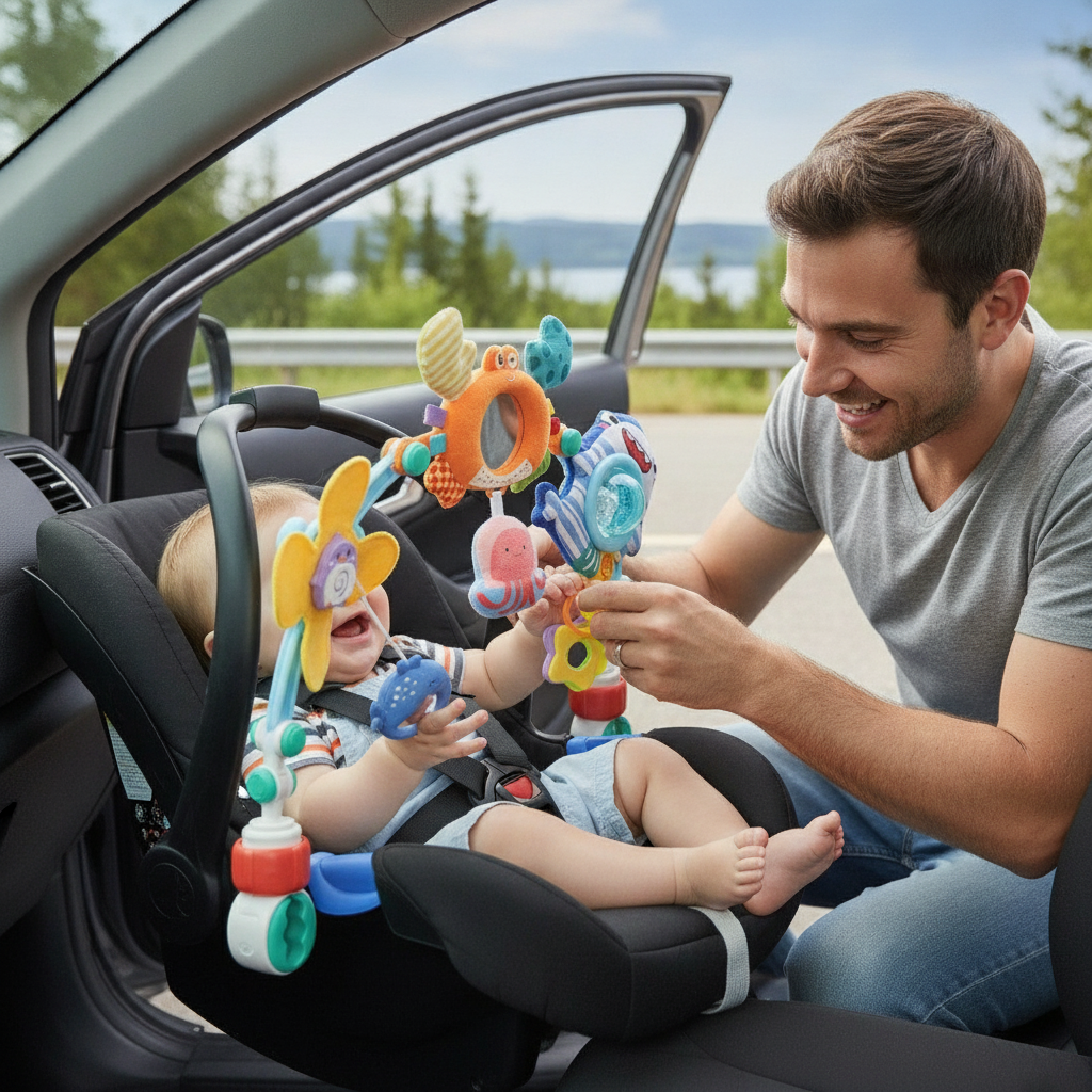 Zvečka za kolica i krevetić zakačena za ručku bebi autosedišta tokom pauze na putu