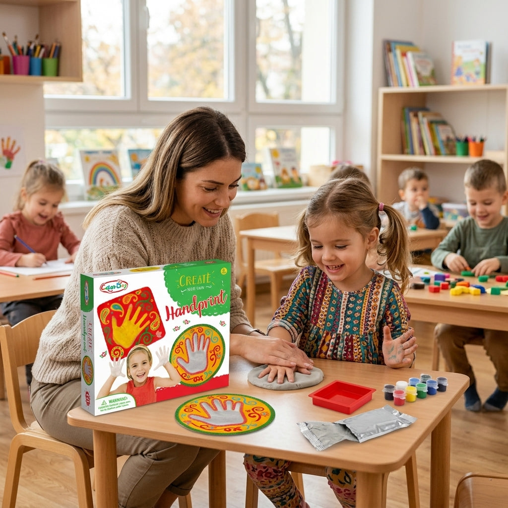 Kreativni set „ostavi otisak” devojčica u vrtiću pravi otisak šake uz pomoć vaspitačice