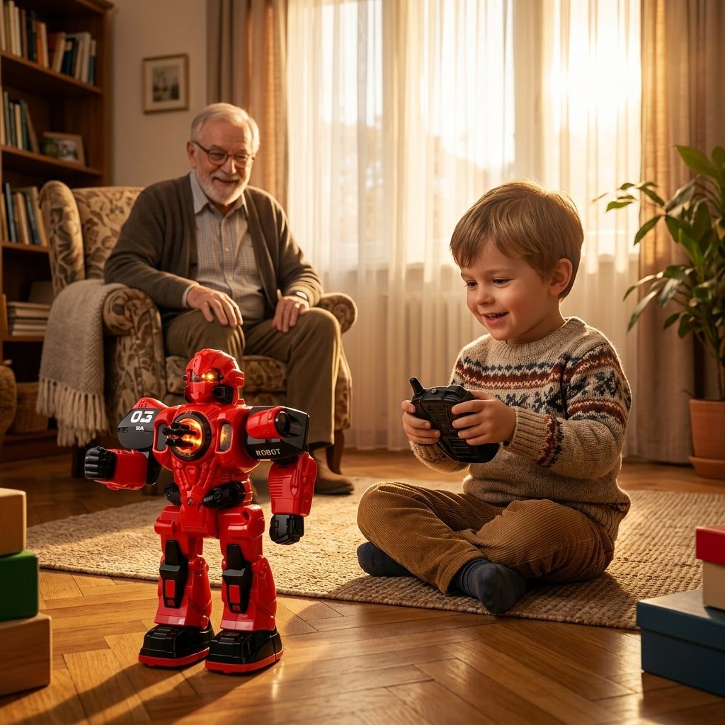 Igračka robot na daljinski sa raketama na parketu u dnevnoj sobi dok dečak drži daljinski upravljač