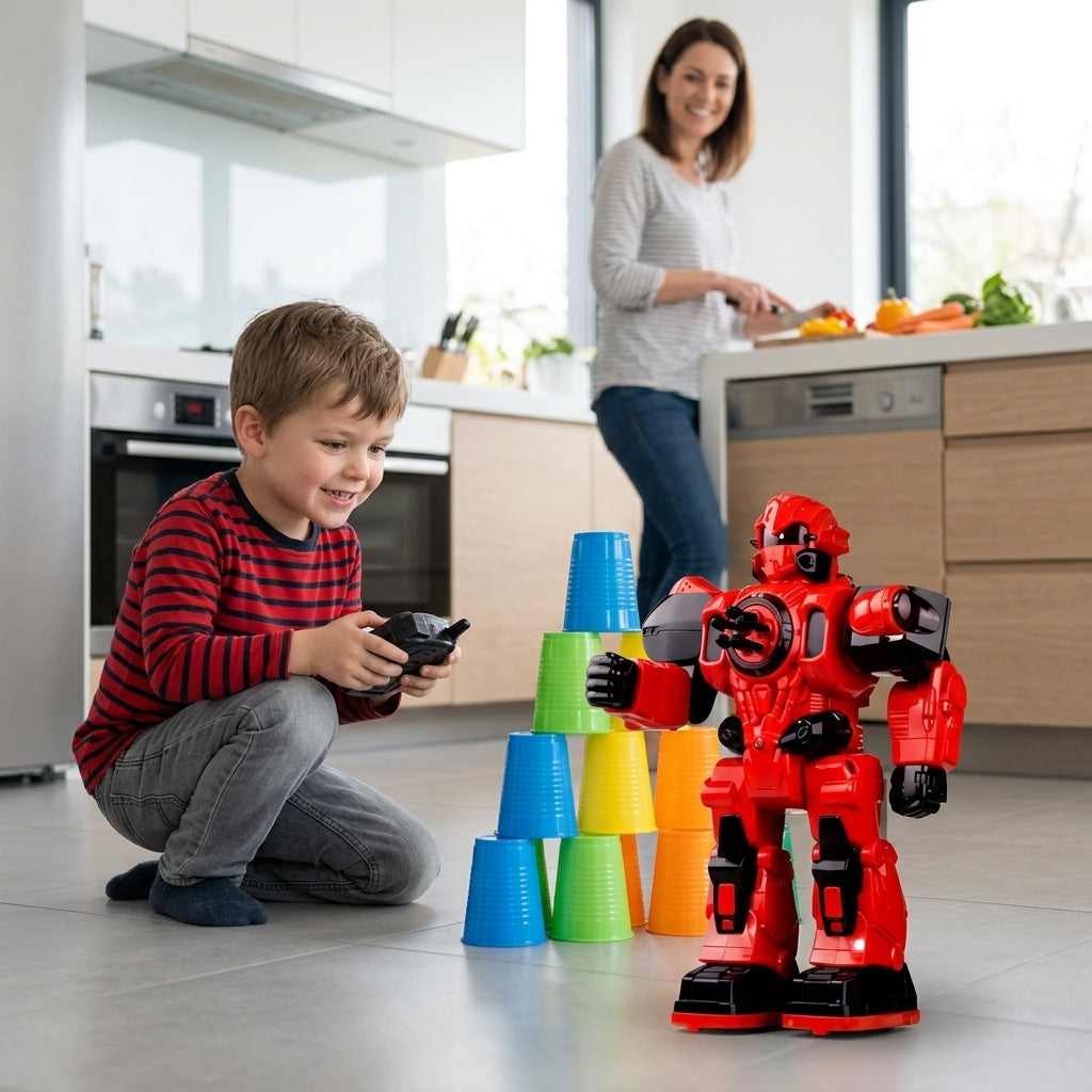 Igračka robot na daljinski sa raketama na kuhinjskim pločicama okrenut ka meti od čaša