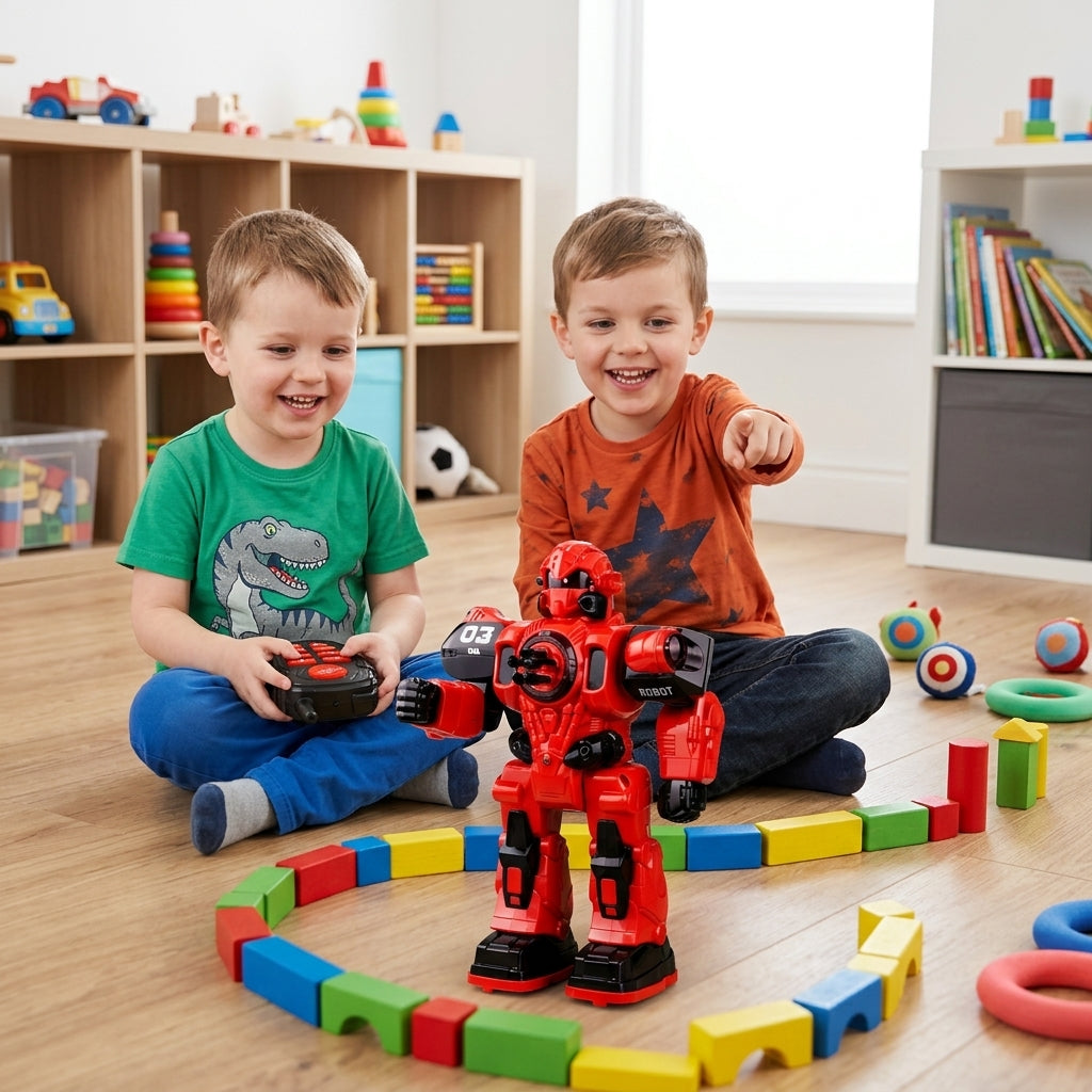 Igračka robot na daljinski sa raketama u dečijoj sobi među drvenim kockama dok se deca igraju