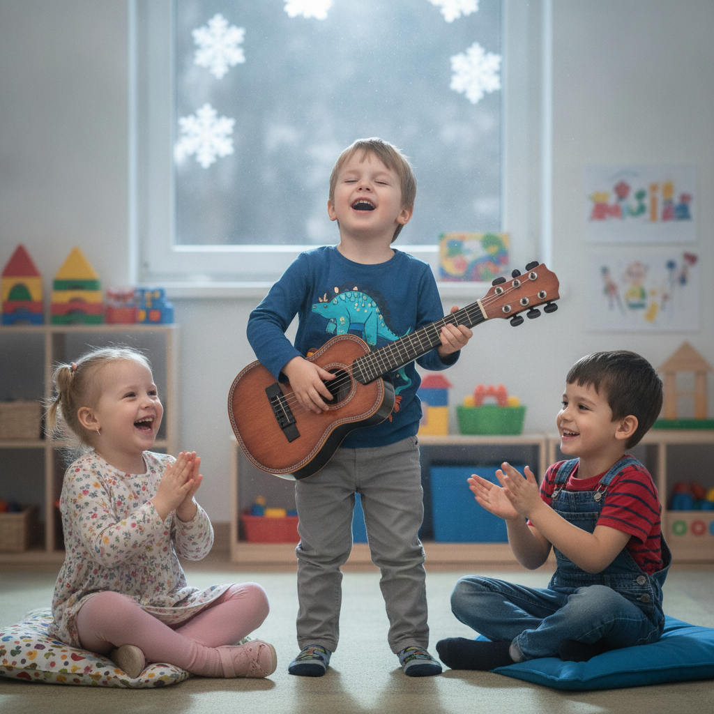 Dečja gitara sa muzikom u muzičkom kutku vrtića dok se drugari zajedno igraju
