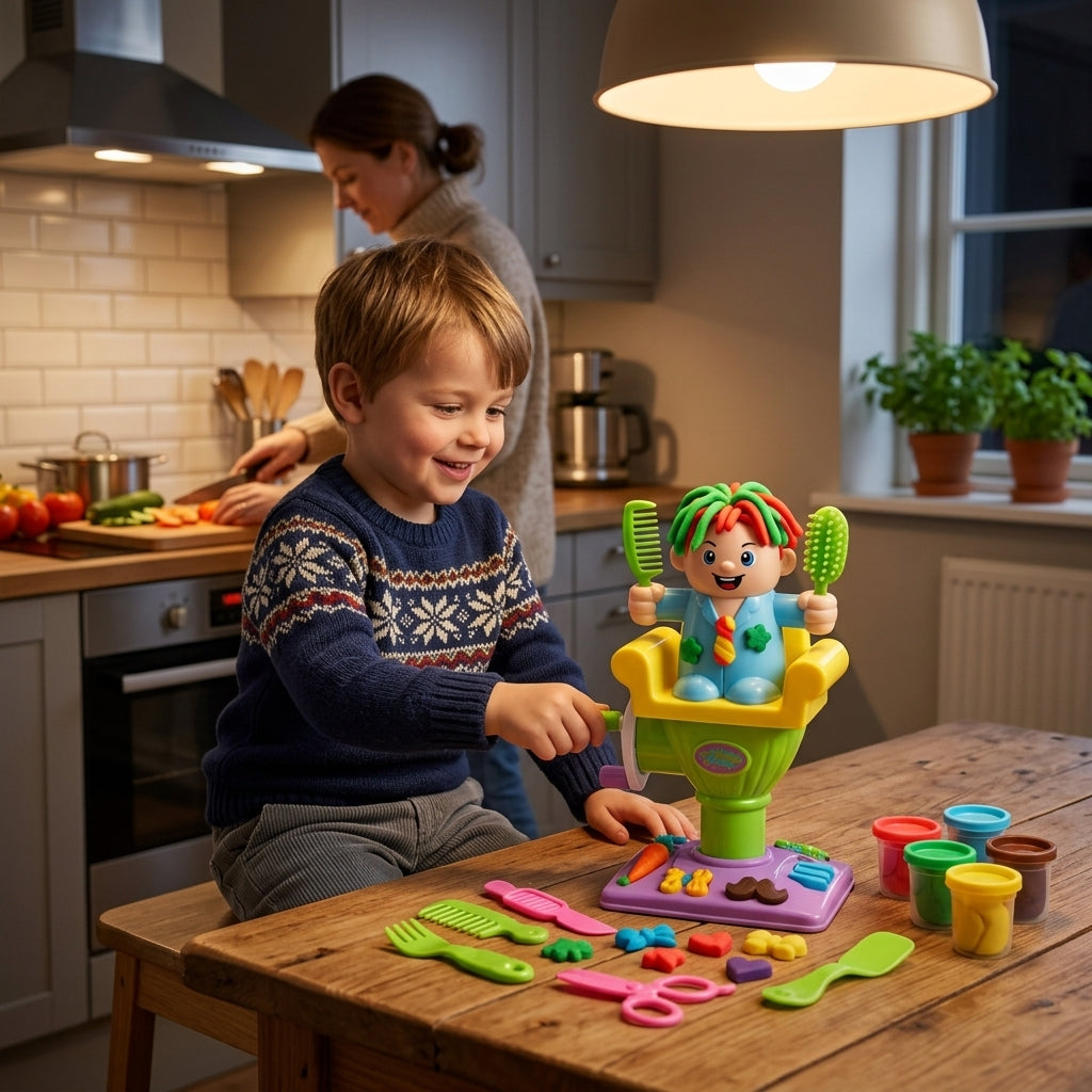 Plastelin frizerski salon set na kuhinjskom stolu dok dete pravi frizuru od plastelina