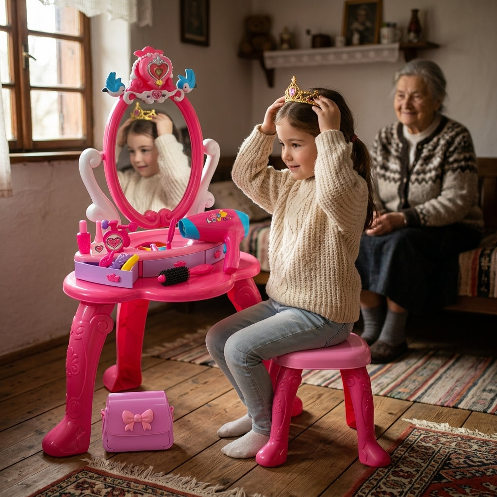 Dečji toaletni sto roze princeza u sobi seoske kuće dok se devojčica igra princeze