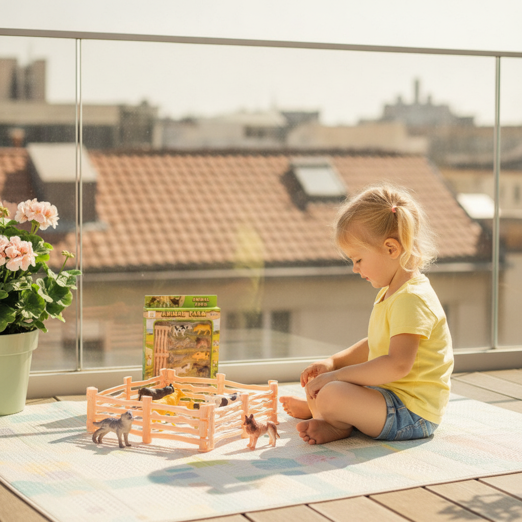 Igračka farma set na terasi stana dok se trogodišnja devojčica pažljivo igra sa figurama
