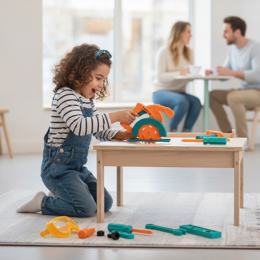 Dečji alat set 25 cm - devojčica koristi plastičnu igračku testeru u kutku za igru