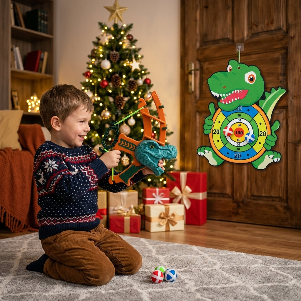 Pikado dino za decu postavljen u praznično ukrašenoj dnevnoj sobi pored jelke