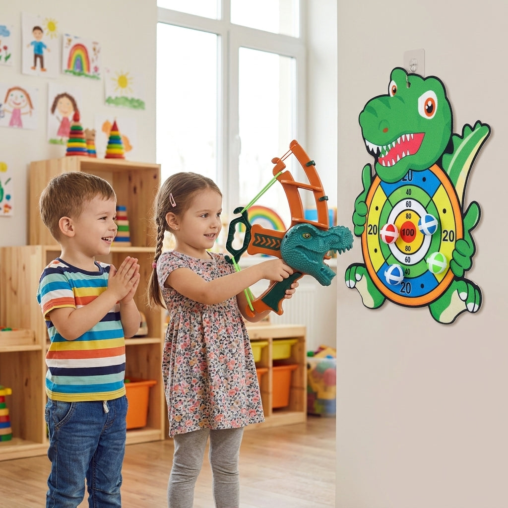 Pikado dino za decu okačen na zid u kutku za igru u vrtiću dok se deca zabavljaju