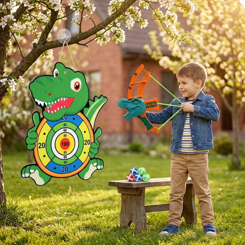 Pikado dino za decu pričvršćen na drvo u bašti tokom prolećne igre na otvorenom