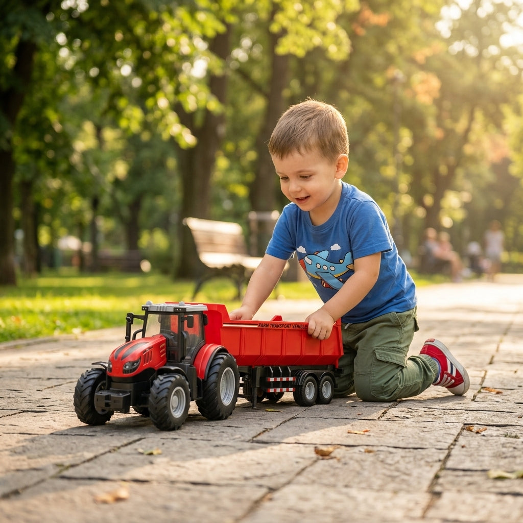 Igračka traktor na inerciju sa kombajnom na stazi u gradskom parku
