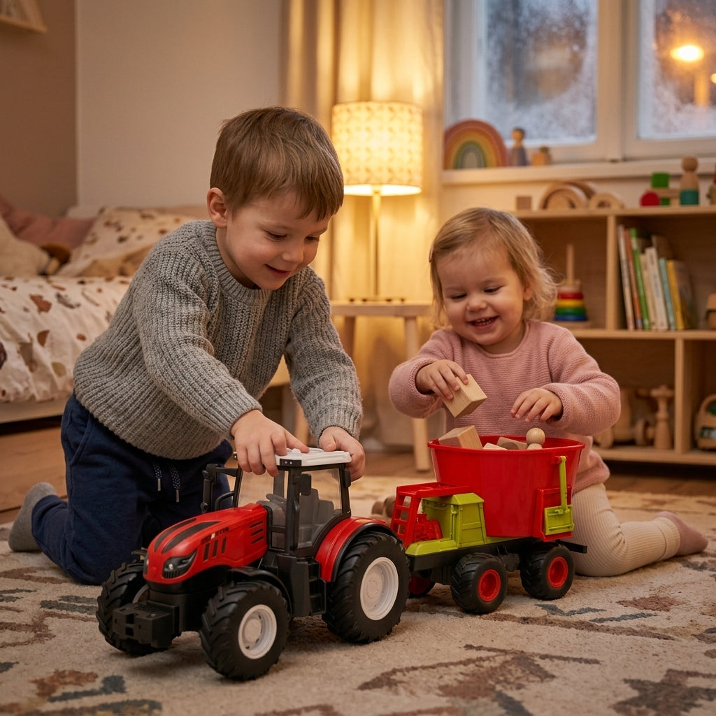 Igračka traktor na inerciju sa prikolicom na tepihu u dečijoj sobi dok se brat i sestra igraju