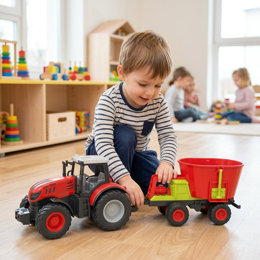 Igračka traktor na inerciju sa prikolicom na podu igraonice u vrtiću