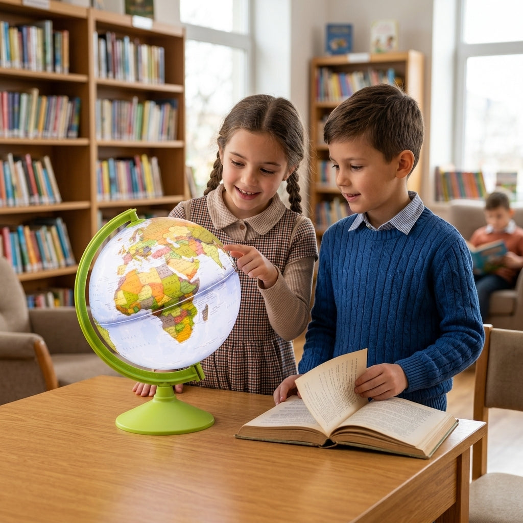 Dečji globus fizički i politički 20 cm na srpskom jeziku u školskoj biblioteci tokom učenja