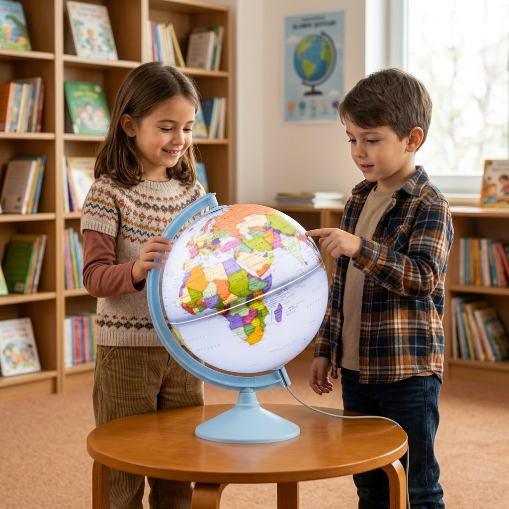 Dečji globus svetleći politički 30 cm na srpskom jeziku na stolu u biblioteci dok dvoje dece istražuju mapu