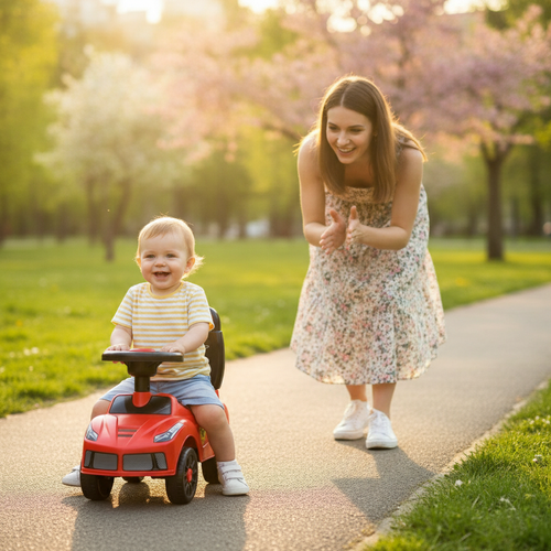 Auto guralica sa volanom crvene boje koju dete vozi u gradskom parku uz podršku majke