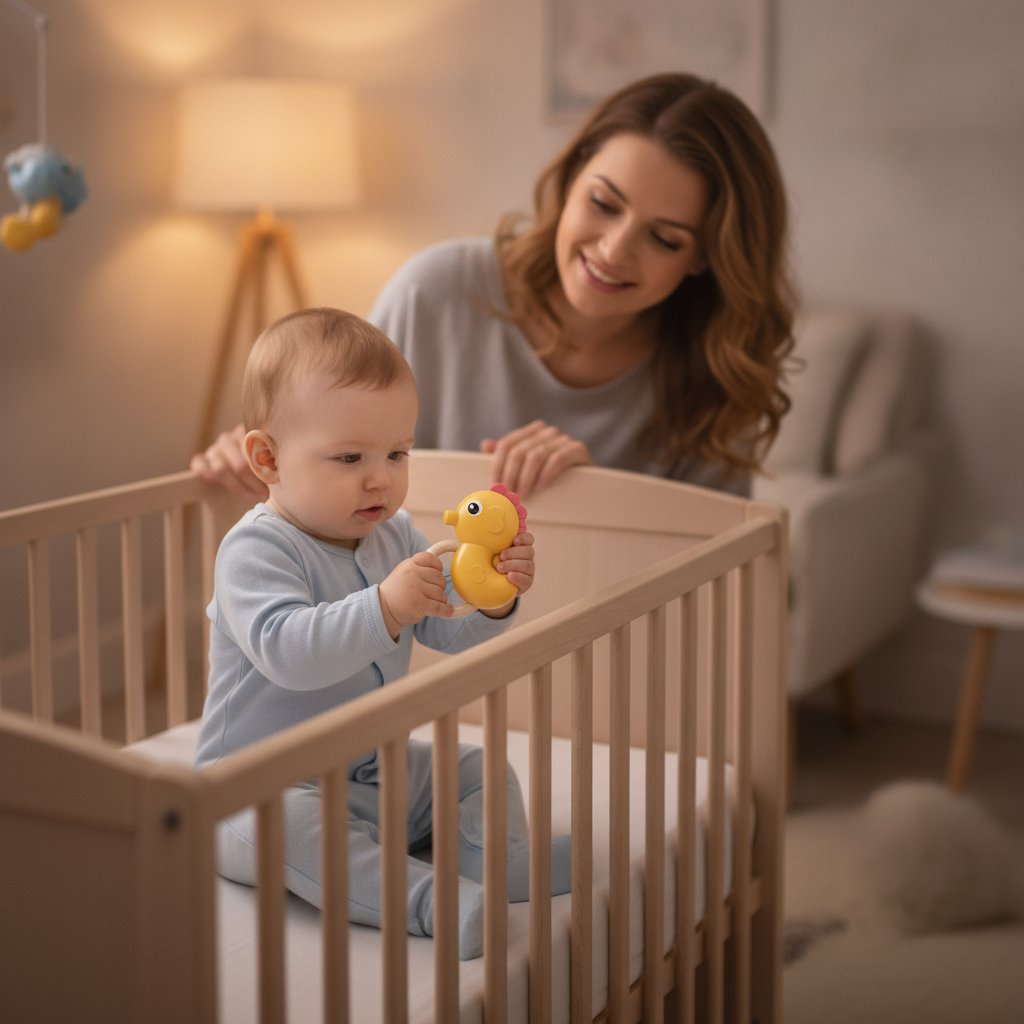 Zvečka srednja žuti morski konjić u rukama bebe pod toplom lampom u sobi