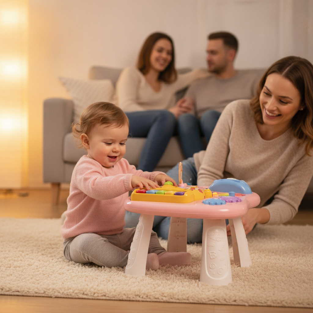 Edukativni sto roze tokom večernje igre bebe na tepihu u dnevnoj sobi